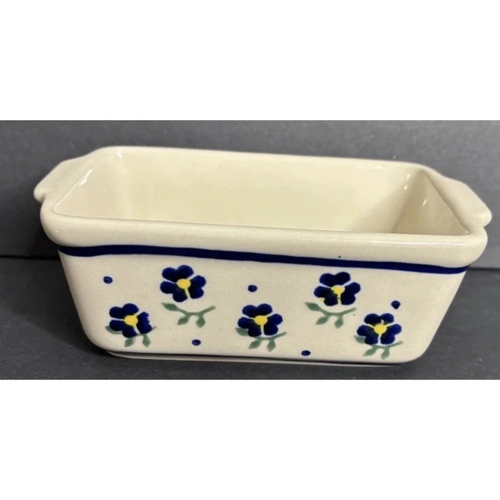 Boleslawiec Polish Pottery Mini Loaf Pan Floral Blue 6
